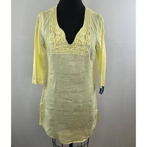 MALVIN Linen Yellow Embroidered V-Neck 3/4 Sleeve Light Tunic Dress S 6 NEW